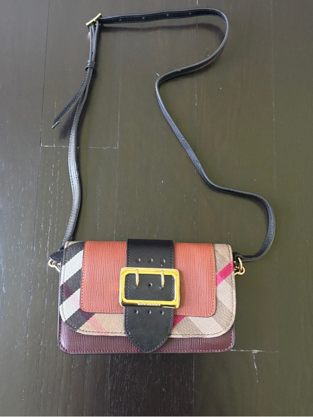 Burberry Madison Brown Check Crossbody with Black Strap and Gold Buckle